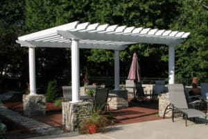 White Aluminum Pergolas with Stone Trim