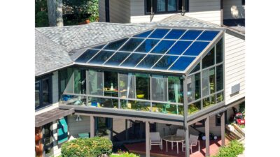 An aerial view of an all glass sunroom.