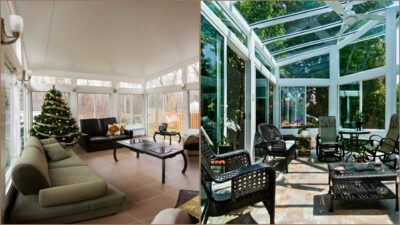 A picture of an all glass sunroom and solid roof sunroom side by side.