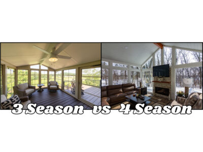 Side-by-side comparison of a 3-season sunroom with single-pane windows versus an insulated 4-season sunroom suitable for winter use.