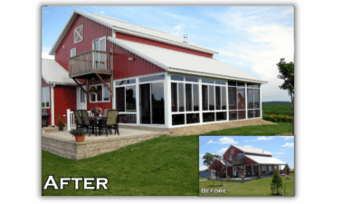 A before and after picture of an empty, open porch and a picture after it is converted into a sunroom