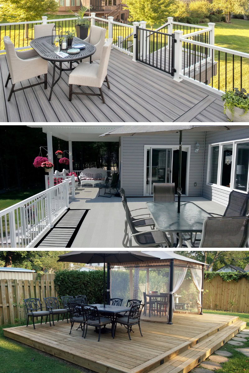 A side-by-side comparison of three residential decks in Wisconsin showing composite, light gray aluminum, and natural wood decking on a sunny day.